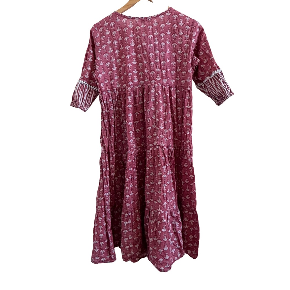 Azira Womens Pink Block Print Tiered Midi Dress Boho Lace Trim Size L